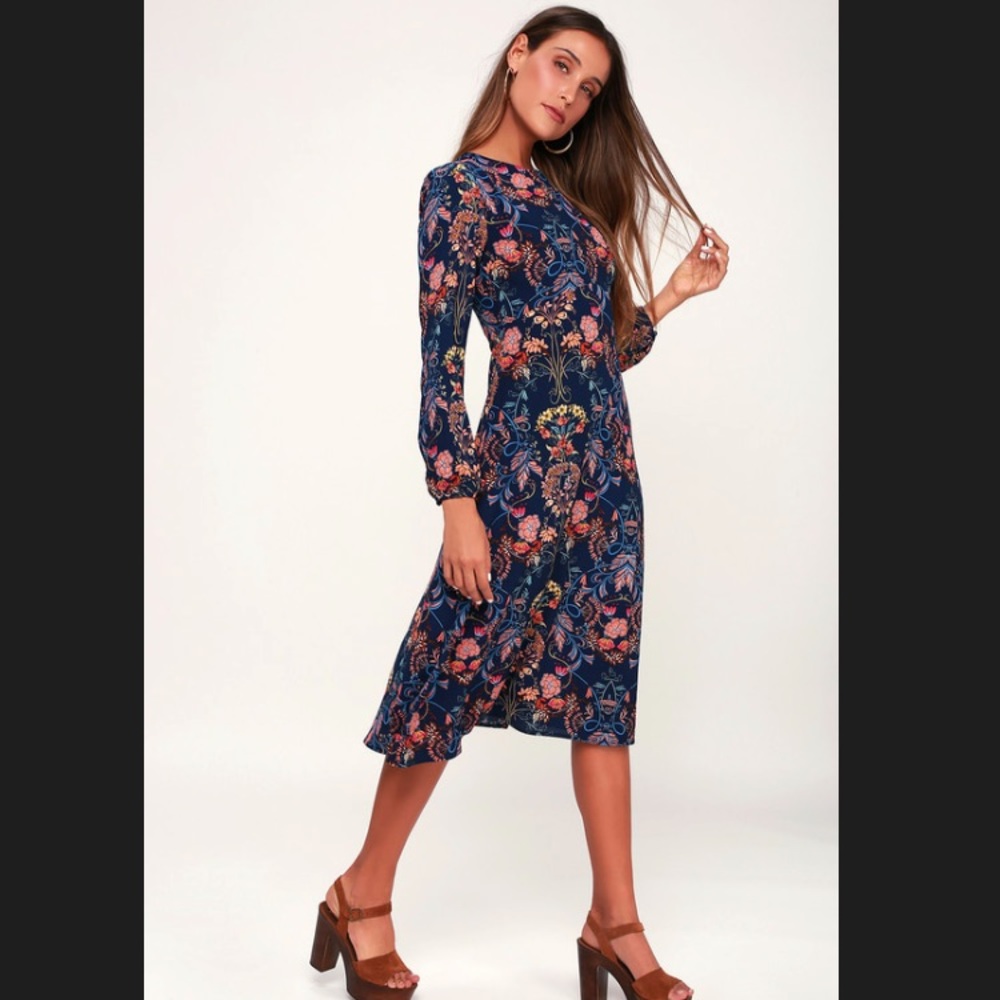 Floral Printed Midi Long-Sleeve Crepe Dress